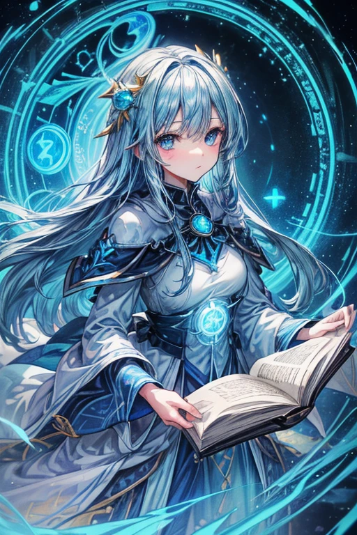 1girl, (masterpiece, best quality), expressive eyes, perfect face, long blue hair, blue magic eyes, blue arcane magic circles behind her, (holding an arcane grimoire with blue arcane magic swirling around it), magician robes, noble clothing, glowing weapon, glowing magic, (anime), (golden wreath),