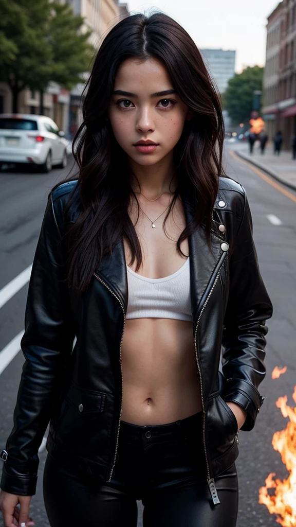 Create a single image of an outstanding realistic of a black jacket girl with hair of fire, background: an empty road,