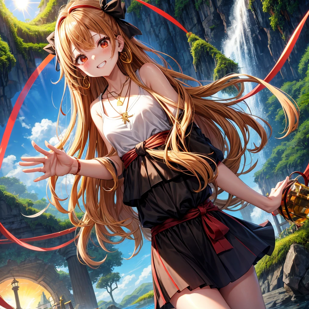 Brown, red, gold, golden hair、Red eyes、One good looking girl、solo、anime、Checkered mini skirt、Black camisole、Black T-shirt、hoodie、Wearing a ribbon、Ribbon on waist、Crystal Earrings、Gemstone Necklace、Light and shadow、Tilting face、Teeth are visible、waterfall、Kuroko、tunnel、pylon、Sunset sky、Towering、frilled lizard、light、flash、Barrel、Wife、loose、moss、isolated island