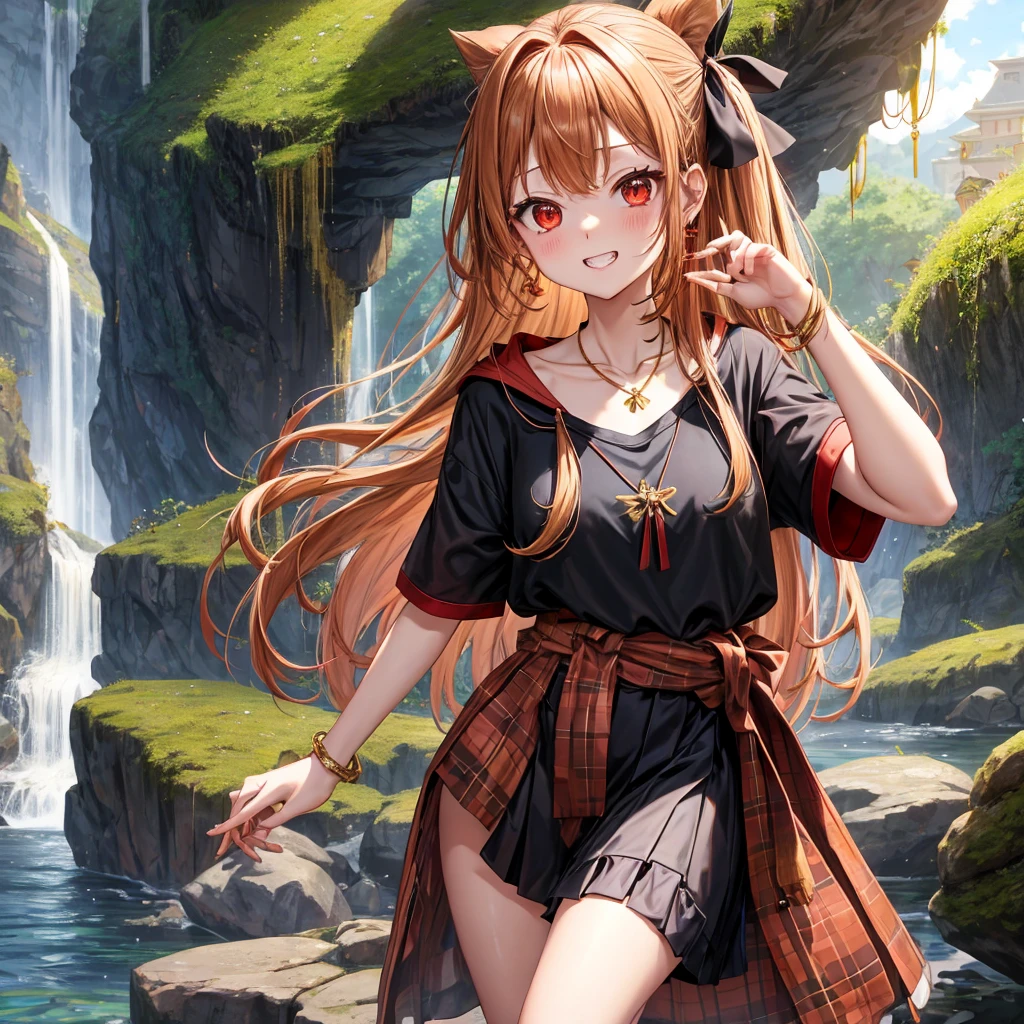 Brown, red, gold, golden hair、Red eyes、One good looking girl、solo、anime、Checkered mini skirt、Black camisole、Black T-shirt、hoodie、Wearing a ribbon、Ribbon on waist、Crystal Earrings、treasure石のネックレス、Light and shadow、Tilting face、Teeth are visible、Marble pillar、waterfall、Kind Face、Kuroko、treasure、wearing goggles on head、Feather coat、Monster Tunnel