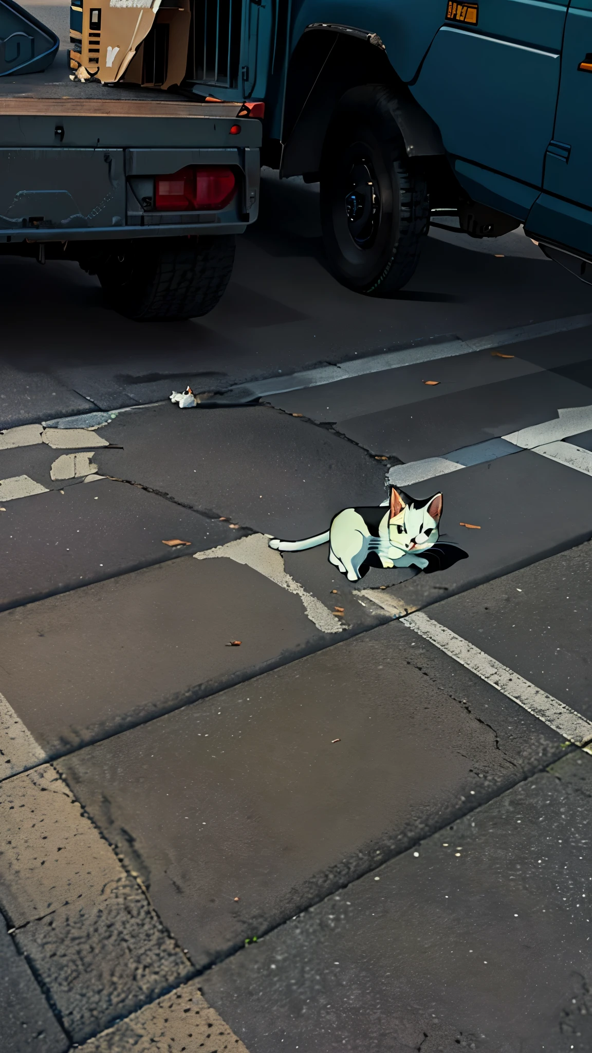 There is a white cat lying on the ground next to a truck, The cat is walking, Cats Attack Tokyo, The cat is smiling, This cat is furry, He is relaxed, She lay on her back, Funny cat, Tom and Jerry in real life, a cute cat, cute cat, Crawling on the ground, Cat's masterpiece, Cat sleeping