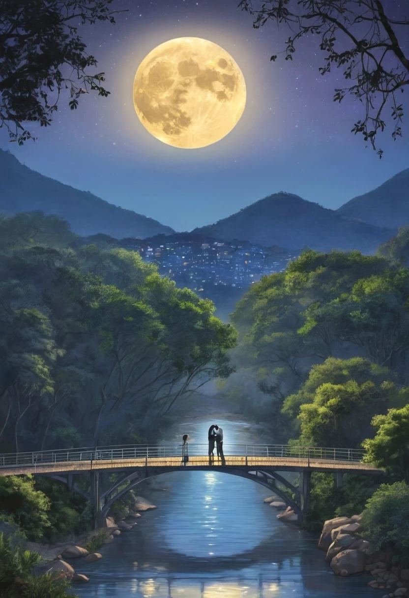 Una pareja de adolescentes dirigiendose a un puente con rio para darse un beso bajo la luna llena
