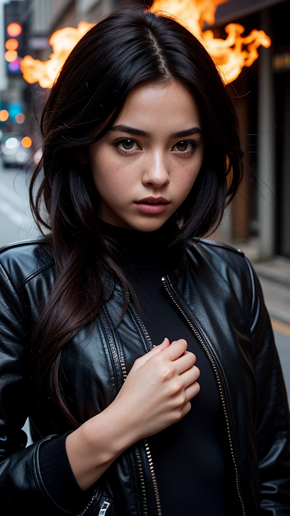 Create a single image of an outstanding realistic of a black jacket girl with hair of fire, background: an empty road, 