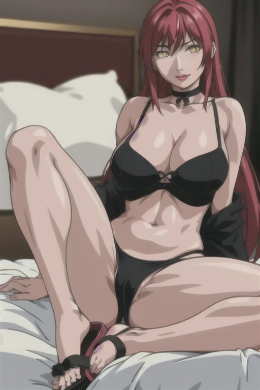 masterpiece, best quality, highres, 2 girls, hirokotakashiro, micro ruffle skirt, black off shoulder crop top , bedroom, full body shot, (smug:0.3), looking at viewer, focus solo, sexy pose, crossing legs, mature, flip flops, detailed feet, busty, cleavage, redhead, seductive, dangling shoes, red eyeshadow, glossy lips, black choker, long hair, sitting on bed, complete body, seducing, yellow eyes,