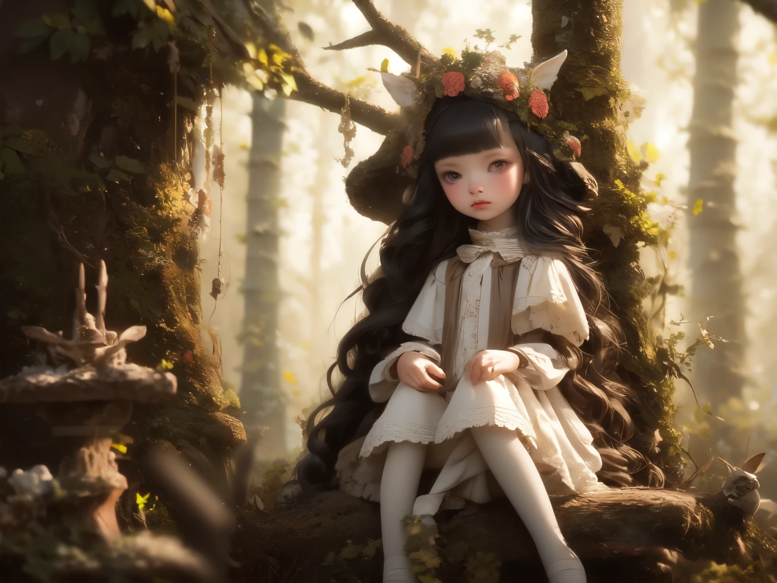 ((highest quality)), ((masterpiece)), (detailed), Perfect Face，Realistic full body，Fantasy，pastel colour，Brown，Long Hair，Forest Fairy，Seated，Standing