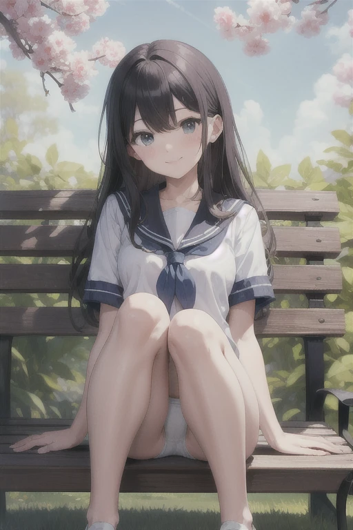 highest quality、Super Resolution、8K,(masterpiece:1.3), (Absurd:1.3), (highest quality:1.3), (Very detailed:1.3), One girl, View your viewers, smile, Outdoor,Photographed from the perspective of looking up at her feet, Summer sailor uniform,ailor collar,、Sit on a bench、She spreads her legs and shyly shows her panties、She shows off her white frilly panties to the viewers.、