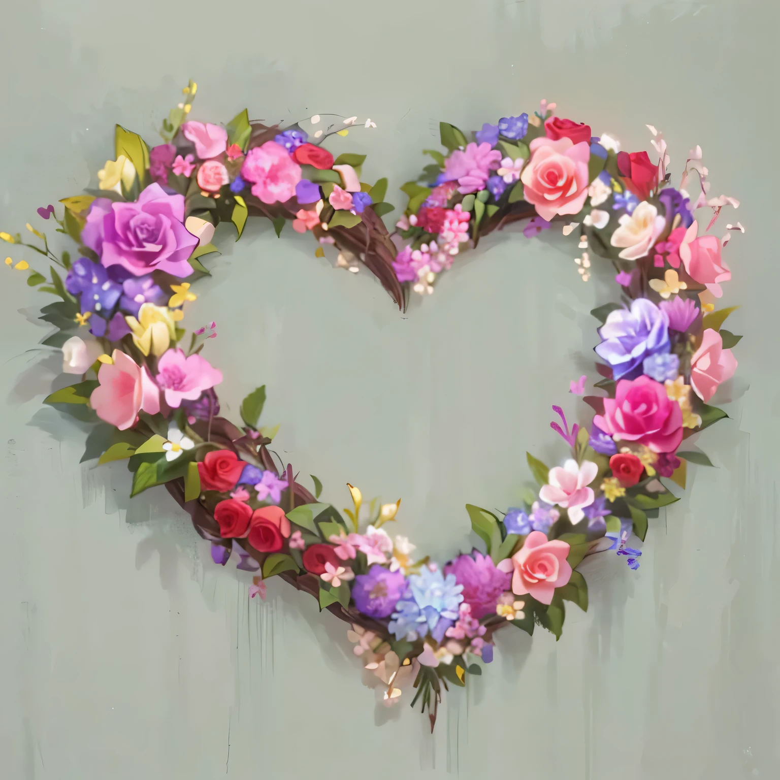 there is a heart shaped wreath Made from flowers on a wall, heart Made from flowers, fair art, Made from flowers, fair artwork, Made from flowers and leaves, Made from flowers and berries, There are colorful flowers, Gorgeous Art, Made of colorful dried flowers, amazing art, fair!, fair digital painting, very very fair art, very very very fair art