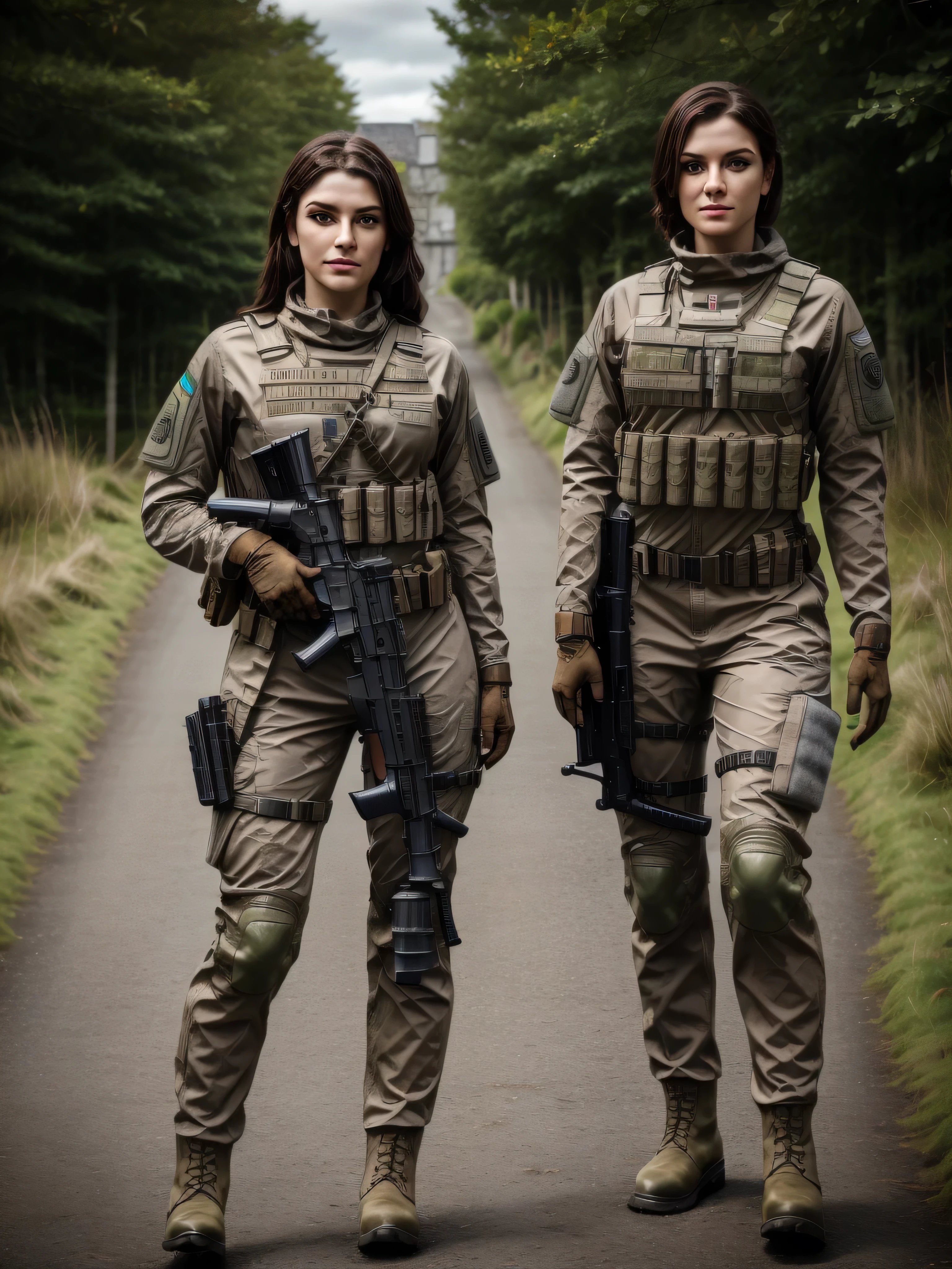 Ultra realistic, highly detailed, 8K, 1 irish woman, irish ethnic, a futuristic-looking female military commander with a fantastic face, wearing a pair of ((iron grey gloves)) and ((brown military boots)), dressed in ((brown FROG suit)), standing in ireland, holding weapon, holding gun, rifle, handgun, assault rifle, wearing Tactical, face focus, UHD, anatomically correct, best quality, masterpiece, full body panel, ireland flag in background, perfect background 