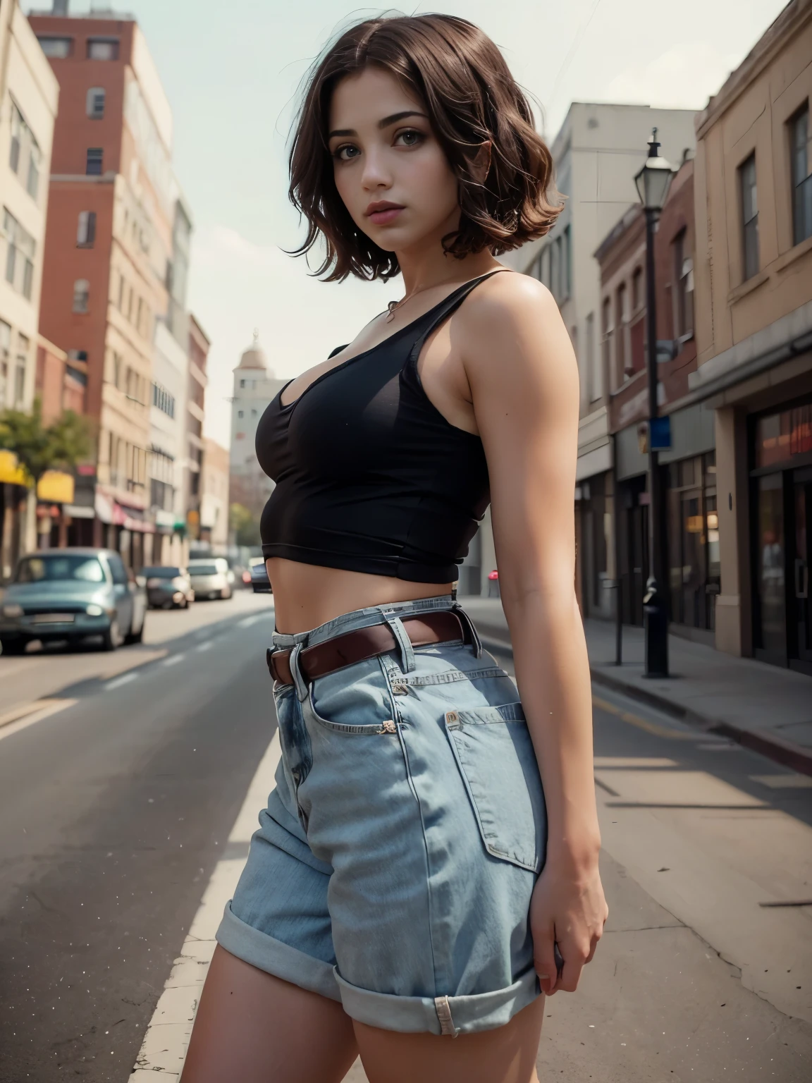 (Best quality, high quality), (masterpiece:1.2, portrait, 4k full HD), girl, Emily Rudd, 26 years, very black hair, short haircut, Full lips, huge breasts, wide hips, thin waist, posing, ((Retro)) (most detailed photo, HD wallpaper), ((photo art by David Dubnitsky ))