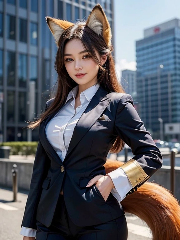 ((highest quality, 32k)), ((masterpiece)), (Get used to it), Perfect Face, Fox Girl, Beautiful woman, public, There is a tail, she has a fox tail, She wags her fluffy tail, smile, collar, She wears a business suit, Beautiful hip line, A tail sticking out from a business suit, Large Breasts, Big Ass