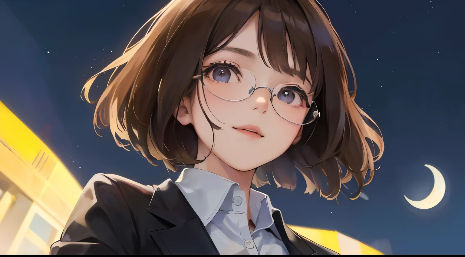 (((1 personの少女)))、((1 person)),Masterpiece,best quality, ((Smile))), ,(((Night background with a moon in the distance)))、,((Shirt and suit jacket))、(Glasses)),、determined expression, Upper body diagram、 (Highest Resolution、Clear_image)、Best Quality、Light and shadow contrast、((illumination))、Very detailed、Semi-realistic、Black Hair、Bob Cut Hairstyle、Brown Hair、bangs、19 years old、 Lady,,young、((View from below))、Delicate Facial Features