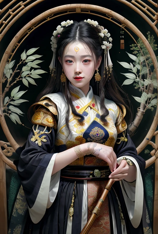 shukezouma, negative space, , shuimobysim , portrait of a woman standing , willow branches, (masterpiece, best quality:1.2), traditional chinese ink painting, modelshoot style, peaceful, (smile), looking at viewer, wearing long hanfu, hanfu, song, willow tree in background, wuchangshuo,