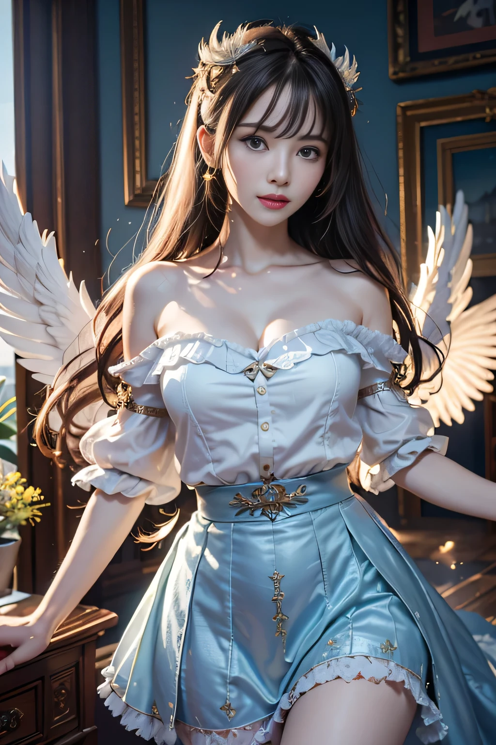 masterpiece, best quality, (Extremely detailed CG Unity 8K wallpaper), (best quality), (Best Illustration), (The best shadow), absurd, Realistic lighting, (abyss), Beautiful and delicate light, Peter Moore (Peter Mohr Bacher) Artworks,Oversized wings。An angel girl,Flying to the clouds,Baiyun,Baiyun,Blue sky。Blue sky。Blue sky。White long skirt,Golden Wings,Send with aperture