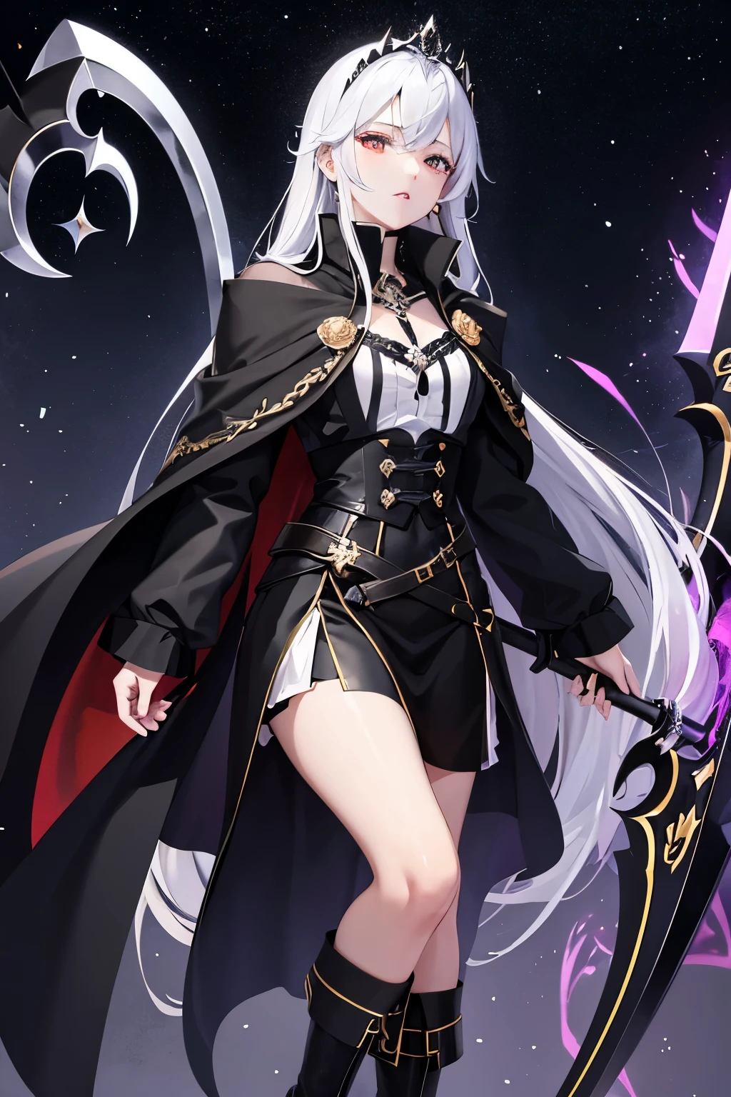 (((highest quality、Masterpiece、Normal body、8k、Detailed face、Ultra-precision、Normal hand、Normal finger、5Finger、Highest)))Golden and silver hair、Princess、Absolute Being、Twilight Dress、White and black skirt、Shiny Tiara、metal boots、Death Scythe、Game Scythe、grim Reaperの鎌、disaster々New Scythe、disaster々Aura、reap the soul、death penalty、Grim Reaper、grim Reaper、collapsing universe、Dimensional Destruction、The End of the Galaxy、Combat Ready、Death Scytheを振りかぶる、He lowers his waist, holds the scythe in both hands and swings it over his shoulder.