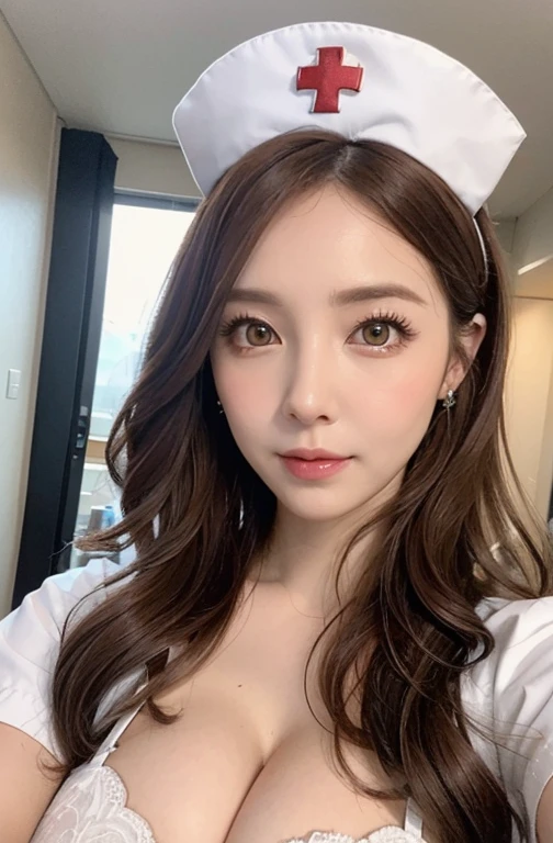 Nurse , in hospital , detailed hand , high quality, super quality, detailed face, beautiful woman , golden eyes, long hair , (huge breast:1.2) , gorgeous dress, wearing white nurse costume , nurse cap, sharpe eyebrow , (brown hair:1.4), erected nipple under costume