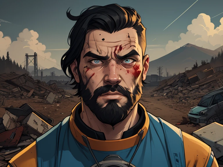 Strongman revolver model 38 Viking style astronaut uniform Portrait style Cartoon style digital illustration GTA style Fallout 4 survivor wearing police uniform , He has black hair and a beard, he has an expression of anger and is stained with blood from battle, the scenery and destruction around him, Cartoon style, digital illustration, GTA style, portrait mode, with a model 38 revolver, astronaut uniform
