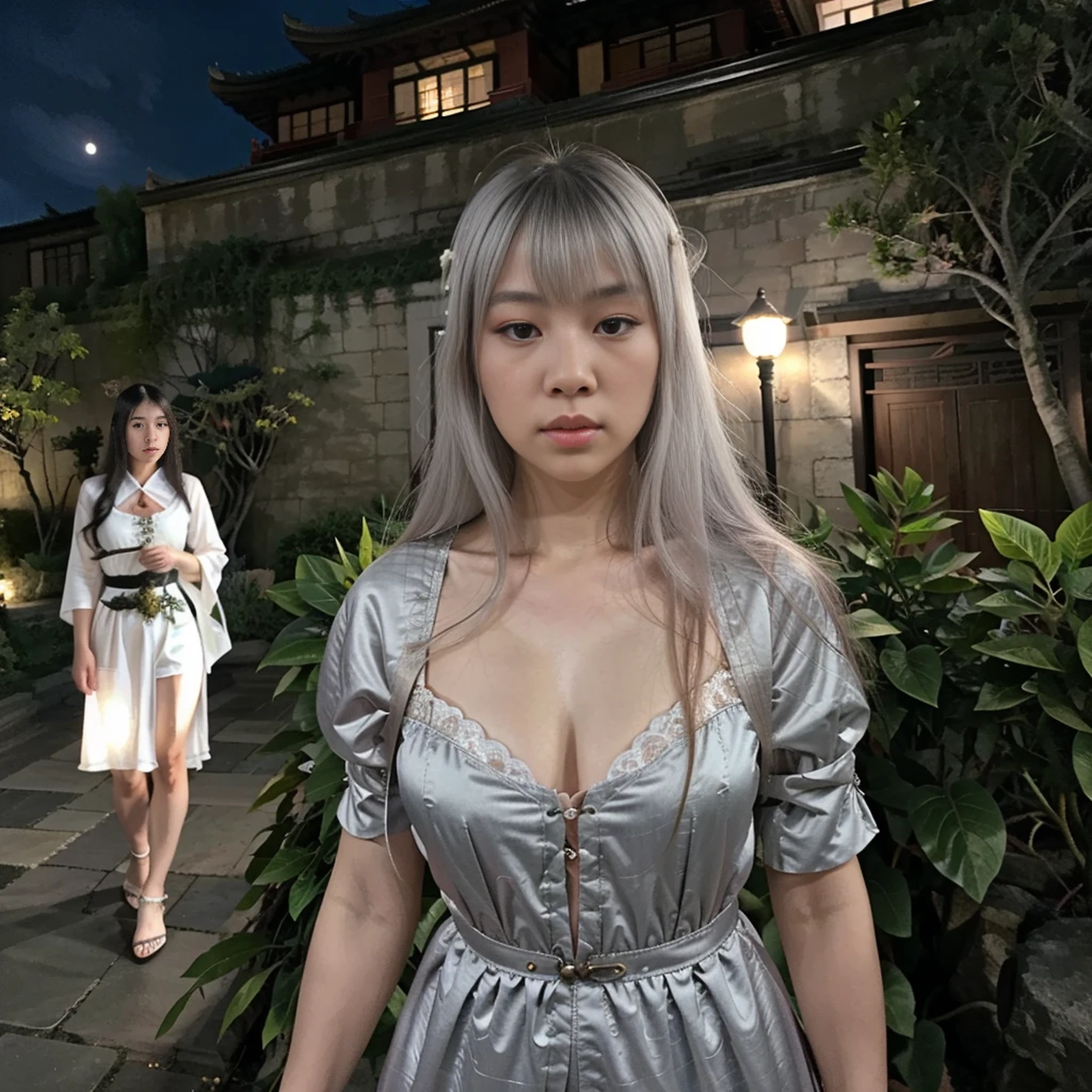 Masterpiece, Best, Night, Full Moon, 1 Female, Mature Woman, Chinese Style, Ancient China, Elder Sister, Royal Sister, Cold Face, Expressionless, Silver White Long Haired Woman, Light Pink Lips, Calm, Intellectual, Three Bangs, Gray Hitomi, Assassin, Long Sword, Swordsman, Fighting, Street View, Facial Details,