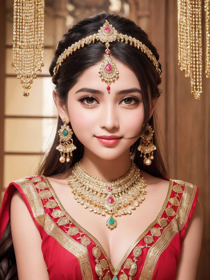 Beautiful woman, face focus wear indian chain headpiece, matha patti and mang tikka jewelry, smiling, twin braided hair