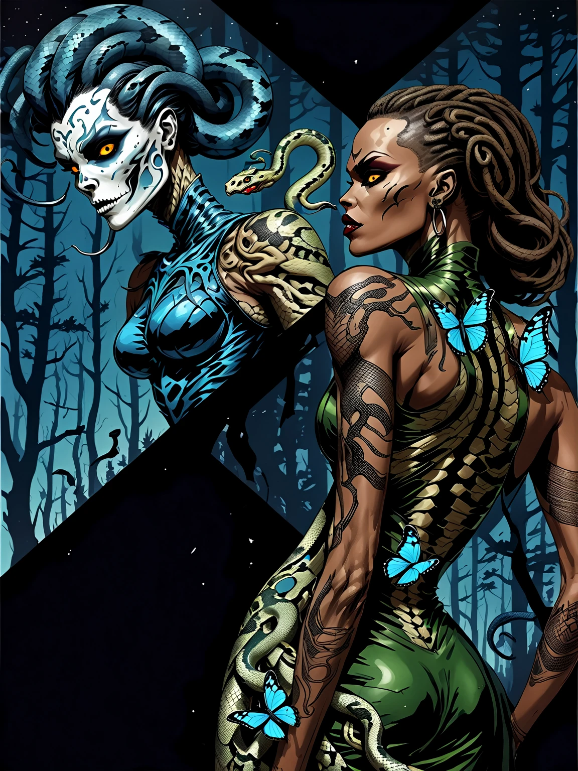 Medusa, flat, hand drawn, line drawing, 2d, a different shade of blue, showcase intricate ornate ominous blue butterfly skeleton tattoo on back musculature, detailed precise accurate blue butterfly tattoo, splash page decompressed comic cover art, ink style figure,((expressive Joelle Jones and "Sean Gordon Murphy" comic drawing)), wordless, cinematic poster, double exposure, optical illusion, image within image, abyss void black no visibility darkness, full length portrait, (background, pine barrens, entropy, rewilding, magic hour sunset, galaxy stars, cosmos), (horror, abstract, surreal, body, cosmic), candid, snake skin dress, body anatomy drawn Frederic Delavier musculature anatomical illustration, (face, ornate black-metal corpsepaint, resembles Grace Jones), (body, Naga, snakefolk, lower body snake tail, snake woman hybrid, bald, hairless, skeleton, snake skin tattoos, piercing eyes, snake pupils, over the shoulder), (colors, bleak muted deep fiery radiant glowing ROYGBIV, forest green, earth brown), craftsmanship nuance, (Gerardo Zaffino charcoal), subliminal orchids, nyctophobia, silhouette
