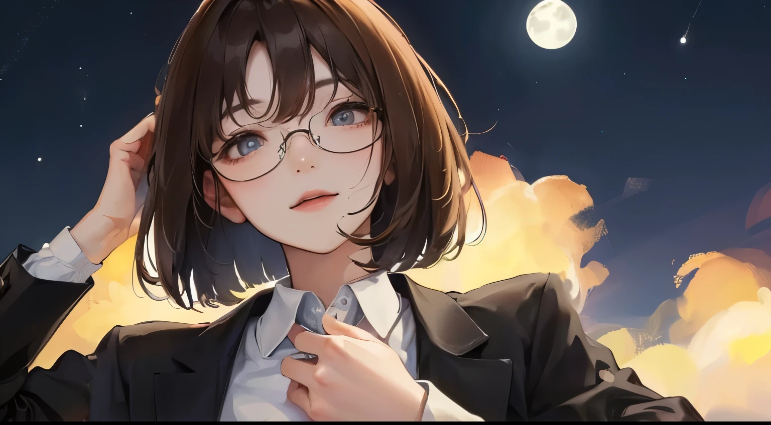 (((1 personの少女)))、((1 person)),Masterpiece,best quality, ((Smile))), ,(((Night background with a moon in the distance)))、,((Shirt and suit jacket))、(Glasses)),、determined expression, Upper body diagram、 (Highest Resolution、Clear_image)、Best Quality、Light and shadow contrast、((illumination))、Very detailed、Semi-realistic、Black Hair、Bob Cut Hairstyle、Brown Hair、bangs、19 years old、　Lady,,young、((View from below))、Delicate Facial Features