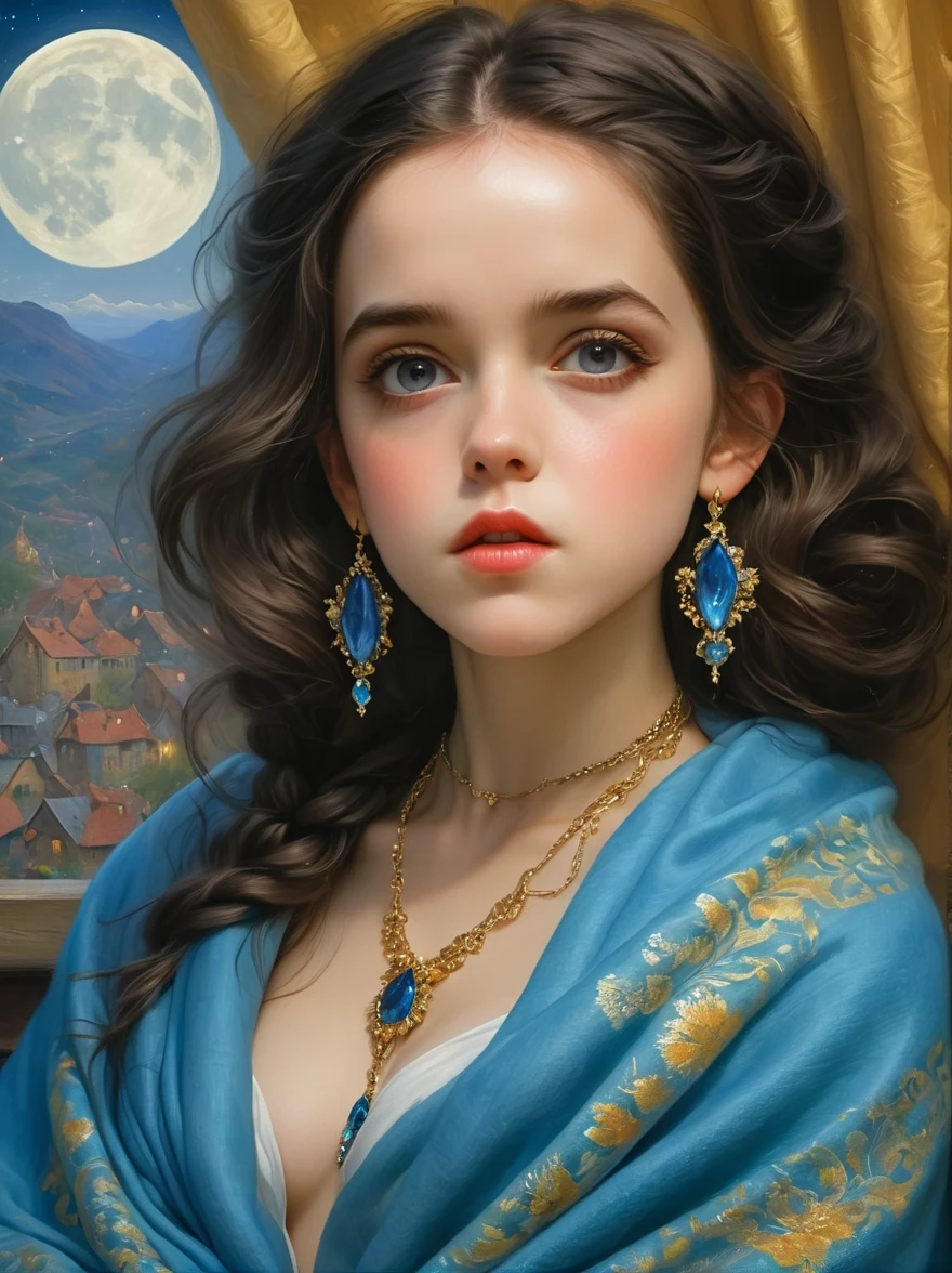 Gustave Moreau (Gustave Moreau),Thomas Kinkade (Thomas Kinkade),james gurney (james gurney) HDR landscape photos taken,Carnet Griffiths,Frank Frazetta,van gogh,Paintings by Alberto Servezzu,masterpiece,actual,dark,Blue tint,Surrealism, Star光环, In the bright embrace of the moonlight serenade, Long hair, Black Hair, (Close one eye:1.6), (Emma Watson:0.8), (Hiding in a blanket,curtain:1.4), stare,Looking at the audience, Realist Artist, (Head chain, (jewelry:1.3):1.1), necklace, Suspenders, (translucent:1.2), (complicated细节:1.5), ((stupid,smug)),Compare,Tone,texture, detailed, Star, Colorful Halo, Full of energy, expressive, dramatic, organic lines and forms, dreamy and mysterious, Surrealism,complicated,meticulous,sharp,Clear,Better image quality,rough brushstrokes,High Dynamic Range,vivid,Rich in details,阴影和高光Clear,Reality,Generous,Compare度增强,Rich in details