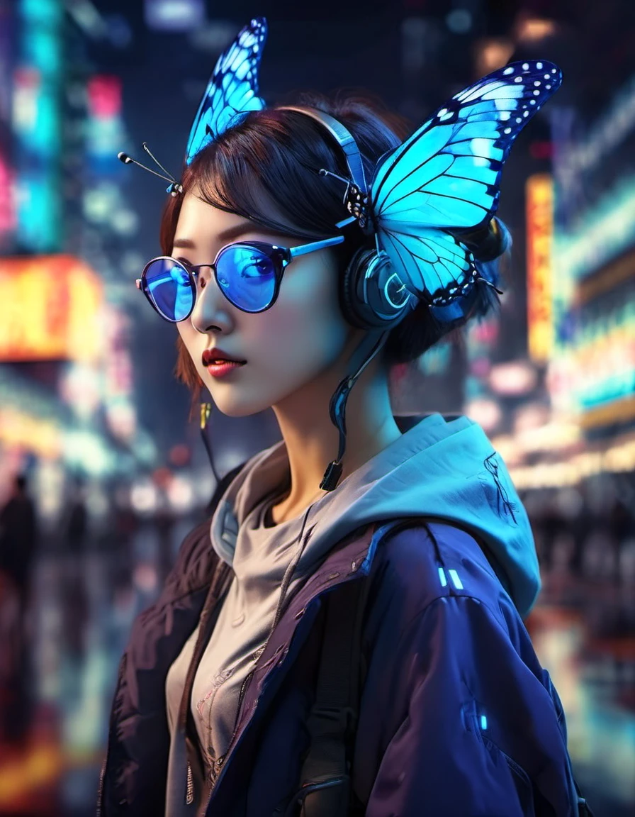 (blue butterfly),(best quality,highres,masterpiece:1.2),portrait,realistic，xianxia，Cyberpunk，Interweaving of light and shadow. outdoor, high tech，City，Anthropomorphic，Neon，Cyber Background，blur background，close-up