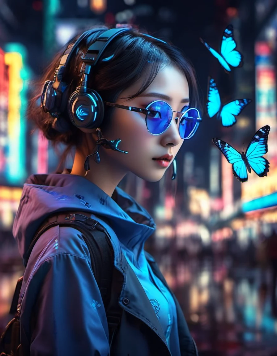 (blue butterfly),(best quality,highres,masterpiece:1.2),portrait,realistic,xianxia,Cyberpunk,Interweaving of light and shadow. outdoor, high tech,City,Anthropomorphic,Neon,Cyber Background,blur background,close-up