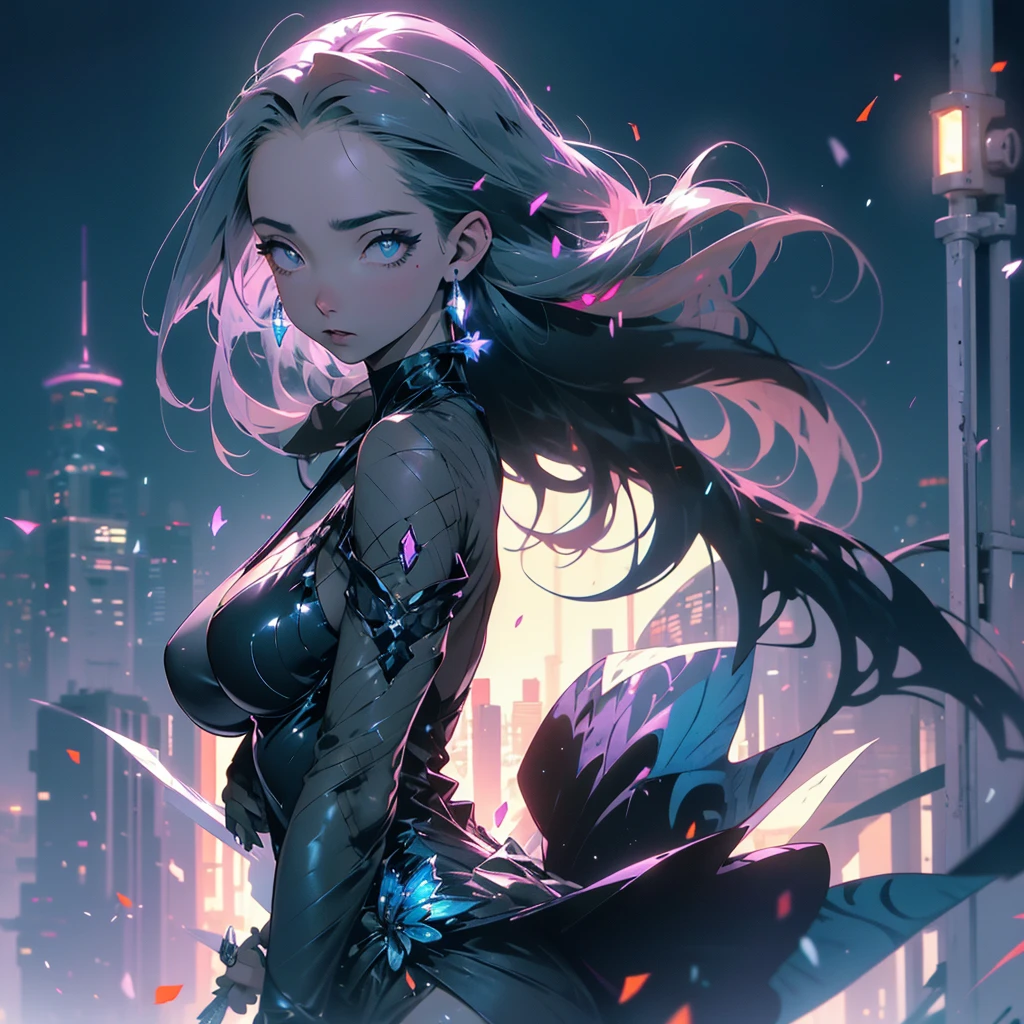 with dual katana. She wears a sleek black ninja suit with intricate silver embroidery, accentuating her stealth in the darkness. Blue Butterfly's piercing eyes are an intense shade of sapphire blue, radiating determination and focus. Her lips, painted in a mysterious deep purple, conceal a hint of danger and allure. As she leaps from one rooftop to another, her movements are graceful and precise, displaying her extraordinary agility. The moonlight casts a silvery glow on her figure, emphasizing her sleek silhouette against the backdrop of the cityscape. The city below is alive with neon lights, casting vibrant colors that create a surreal and futuristic atmosphere. Surrounded by towering skyscrapers and intricate architecture, Blue Butterfly navigates through the labyrinth of the urban jungle with unparalleled skill. The relentless wind teasingly rustles her midnight-black hair, adding to her enigmatic allure. Every swing of her dual katana is accompanied by a flicker of moonlight, her blades glinting with deadly precision. The sound of her footsteps is barely a whisper, drowned out by the bustling sounds of the city below. With each strike, her enemies fall before her in a graceful dance of death. The adrenaline of the chase, the thrill of the hunt, fuels her relentless pursuit of justice. As the night unfolds, the city becomes her playground, and the Blue Butterfly remains a symbol of fear to her enemies, a savior to the innocent, and a silent guardian of the night. (best quality, ultra-detailed, realistic, HDR, vivid colors, bokeh, portraits, martial arts, ninja, night, cityscape, moonlight, skyscrapers, stealth, danger, agility, enigmatic)