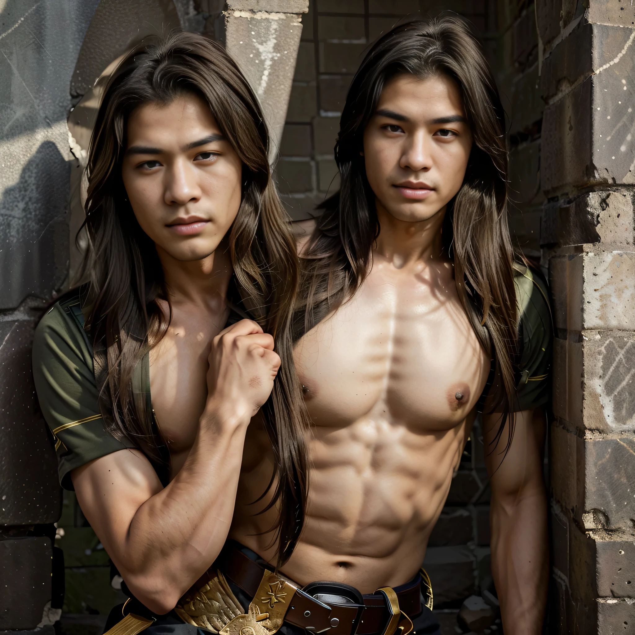 (Best Quality, 8k, Masterpiece :1.3), handsome young man with perfect figure and long hair :1.4, Zhong Li, Zhongli, Dark brown hair, inflated chest, genshin impact, on ruins, in the hands of a spear, Very detailed face and skin, Detailed eyes, Double eyelid