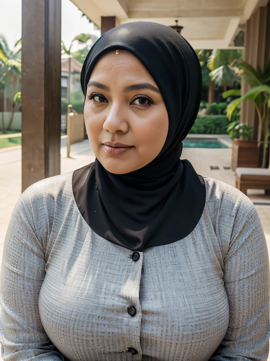 (Realistic) ((Sexy Hijab)) (real mature face) (old beauty) 62 Years old fat Brunei mature woman, sexy curvy, (sexy chubby body shape), Big : 34.9, (old woman in Jakarta) soft smile, facing at camera, half body - professional photography with excellent lighting. Outdoor. Dynamic background.