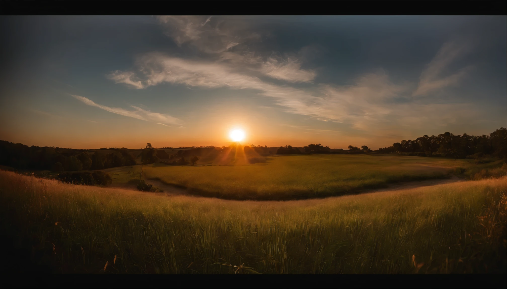 Open field, clear sky, long grass, windy, lens flare, film grain, Fujicolor, fisheye, wide shot, bokeh, Eye-Level Shot