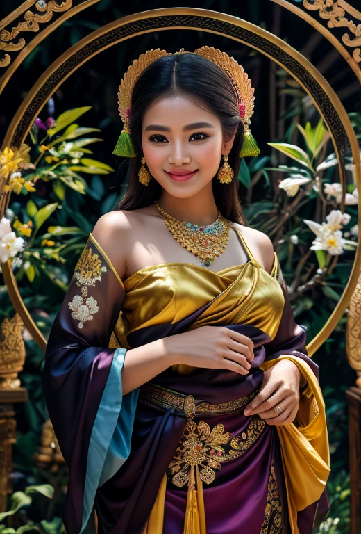 (best quality,4k,8k,highres,masterpiece:1.2),ultra-detailed,realistic,beautiful lady in Thai tradition costume,ornately designed dress and accessories,lustrous silk fabric,elaborate gold embroidery,flowing skirt and long sleeves,brightly colored patterns and motifs,traditional headdress adorned with flowers and jewels,graceful and elegant posture,fine facial features and captivating eyes,serene expression and radiant smile,background depicting a serene Thai garden with lush greenery and blooming flowers,tropical atmosphere with warm sunlight filtering through the trees,subtle hints of traditional Thai architecture and elements,capturing the rich cultural heritage of Thailand,portraits, vivid colors,soft and warm color tones,gently diffused lighting,immersing the viewer in the beauty of Thai tradition and culture.