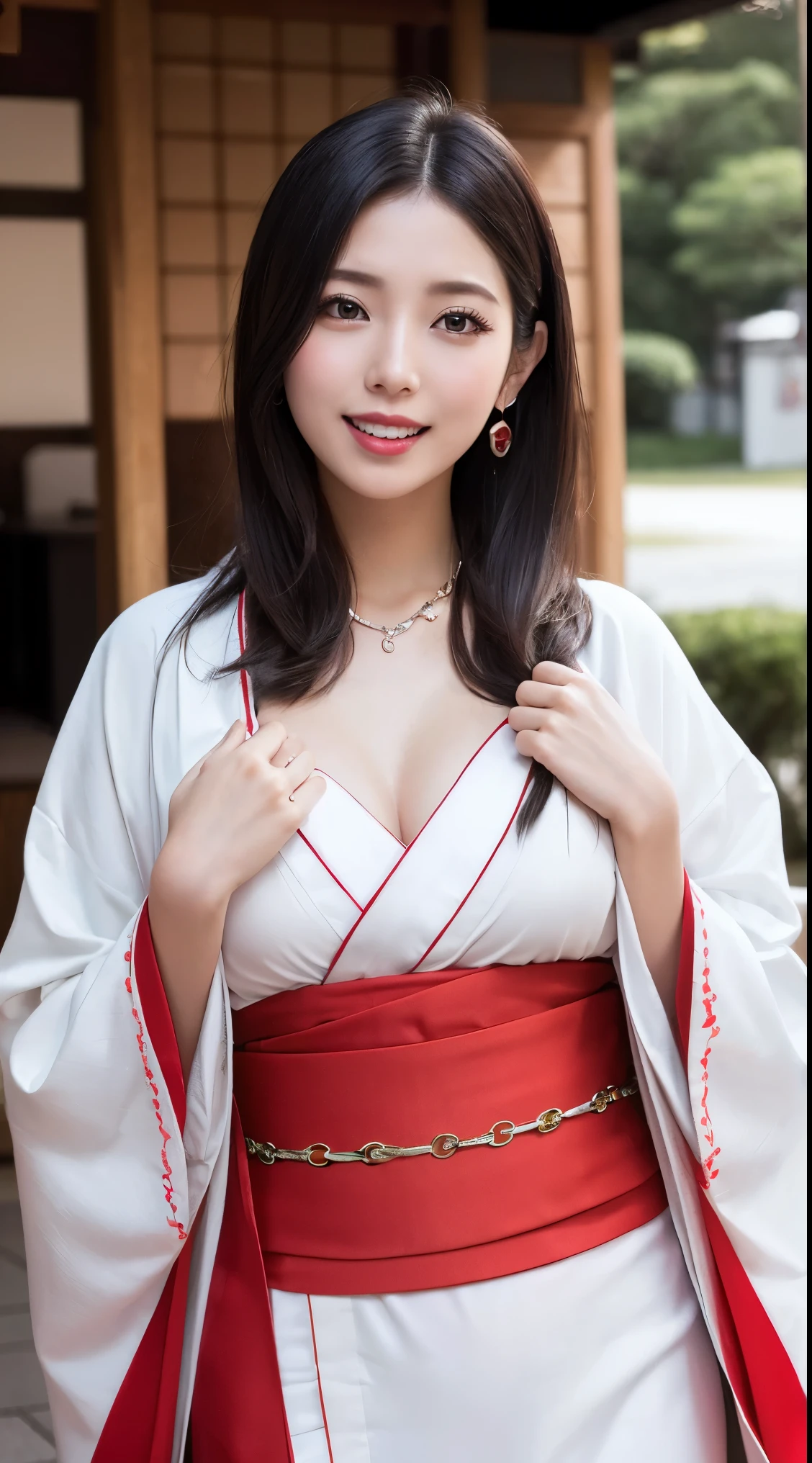 Pieces fly, highest quality, Realistic, finely, High resolution, 8k wallpaper, Perfect dynamic composition, Sharp focus, Surreal, Beautiful and detailed, Medium Hair, Big and ample breasts, Random sexy poses, Chest to Chest, (赤と白のLong-sleeved kimono,,(Red and white Japanese kimono、Long-sleeved kimono)), Laughter, Open your mouth, Resort scenery, Age 25, (Drooling eyes:1.4),New Year Background、shrine、Kadomatsu City、  beauty, Japanese,  Chain Necklaces, Big earrings, Photographed from the front