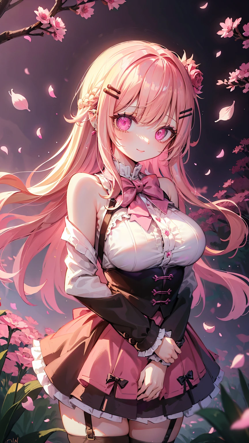 1girl, solo, jirai kei, pink top, bow tie, long hair, streaky hair, pink streaks, blonde hair, thick lips, pink eyes, heterochromia, light smile, cowboy shot, hair clips, garter belt, fishnets outdoors, forest, flower petals, ray tracing, long sleeve shirt, miniskirt, bare shoulder, huge breasts, realistic, hair ribbons, ear piercings