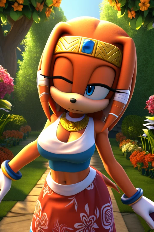 Masterpiece, high quality, studio quality, intricate details, 4k, 1girl, solo, Tikal the Echidna, dress, flower garden, eyes open, blue eyes, big breasts, midriff