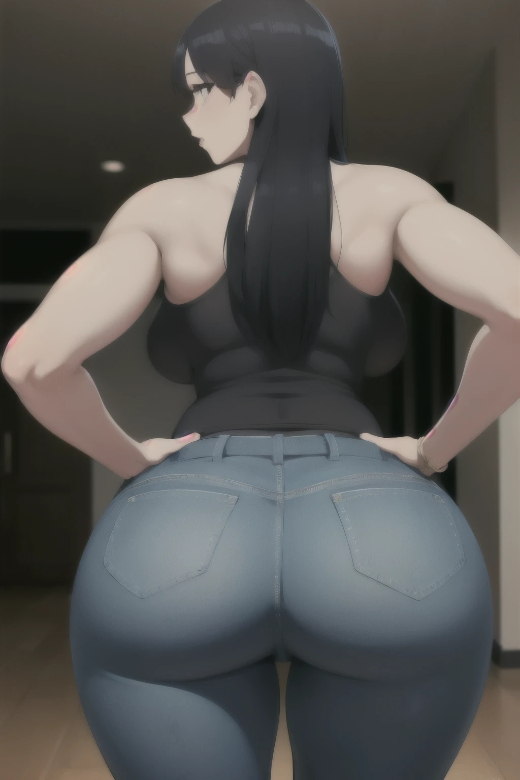 Picture a woman with long, black hair cascading down her back. She has a curvy figure, particularly emphasized by her wide hips and a thick, curvy backside. She's wearing tight-fitting mommy jeans that struggle to contain her ample curves. As she moves, the seams of the jeans start to strain and rip, unable to withstand the pressure of her curves. She exudes pleasure as she embraces her body and its natural beauty.
