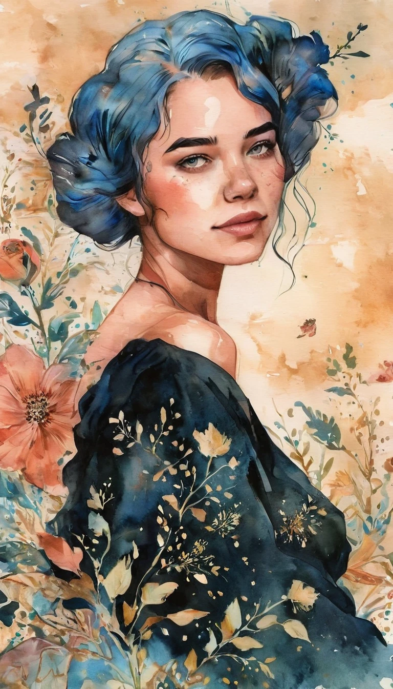 a watercolor painting of a woman with long black hair and a black dress, 2 girl with blue hair, style of charlie bowater, jen bartel, in style of charlie bowater, woman with flat hair, in style of anna dittmann, charlie bowater rich deep colors, inspired by Jeremiah Ketner, Inspired by Harumi Hiỉonaka, golden ratio.
