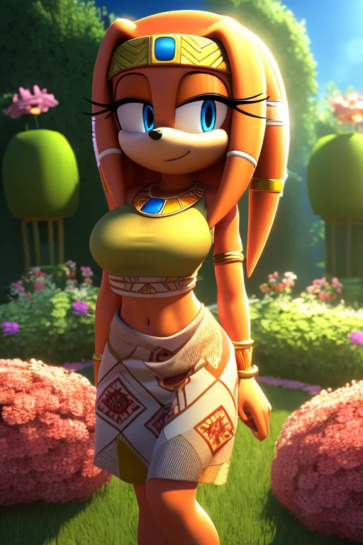 Masterpiece, high quality, studio quality, intricate details, 4k, 1girl, solo, Tikal the Echidna, dress, flower garden, eyes open, blue eyes, big breasts, midriff