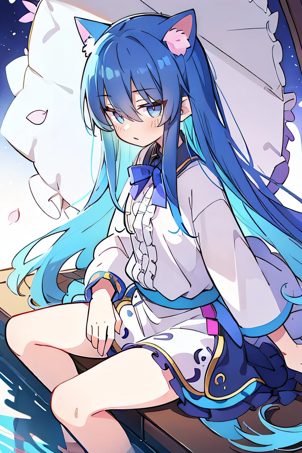(masterpiece:1.2),ultra-detailed,realistic,expressive eyes,fair-skinned,perfectly shaped face,1girl,
Japanese cartoons,Gorgeous blue hair, flowing blue hair,floating clothes,cat ears,petals falling,beautiful Lola,Hina Angel,
hands on waist,gracefully sitting on the ground,legs crossed,gentle and serene background,cool and comfortable pavilion,shy face ,night .