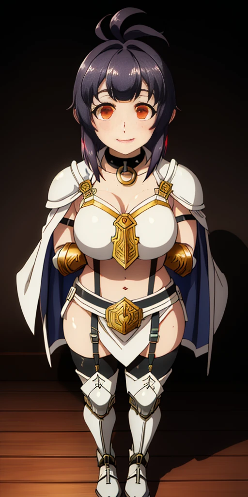 Masterpiece, (flat black background:1.2) solo, detailed face, intricate iris, thick lips, robot girl, (gold and white skin), realistic illustration of a (cyborg girl), (RED eyes), IvoryGoldAI, (freckles),(holding BREATHTAKING:1.2), (gold and white armor:1.2), (looking at viewer:1.2), parted lips, standing straight symmetrical, looking at viewer, lustful smirking smile face red blushed red cheeks, thick thighs, thigh highs, thigh, boots, armor, armored boots, full body armor, bikini armor, big breastplate, pauldron, bracers, leather black choker, tiger claws gloves, short bob white haircut, helmeted, metal shoulders, red long loincloth, longest blue cape reach to the waist, shackles and chains wristbands