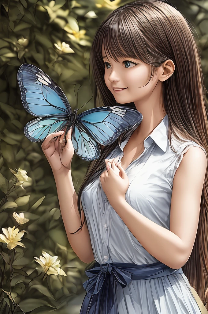 (best quality,4k,8k,highres,masterpiece:1.2),ultra-detailed,(realistic,photorealistic,photo-realistic:1.37),HDR,UHD,studio lighting,ultra-fine painting,sharp focus,physically-based rendering,extreme detail description,professional,vivid colors,bokeh,girl,blue butterfly tattoo on chest,large blue butterfly on finger,full body,beautiful flower,top of mountain