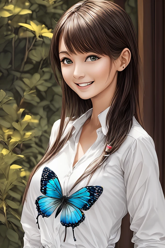 (best quality,4k,8k,highres,masterpiece:1.2),ultra-detailed,(realistic,photorealistic,photo-realistic:1.37),HDR,UHD,studio lighting,ultra-fine painting,sharp focus,physically-based rendering,extreme detail description,professional,vivid colors,bokeh,girl,blue butterfly tattoo on chest,large blue butterfly on finger,full body,beautiful flower,top of mountain