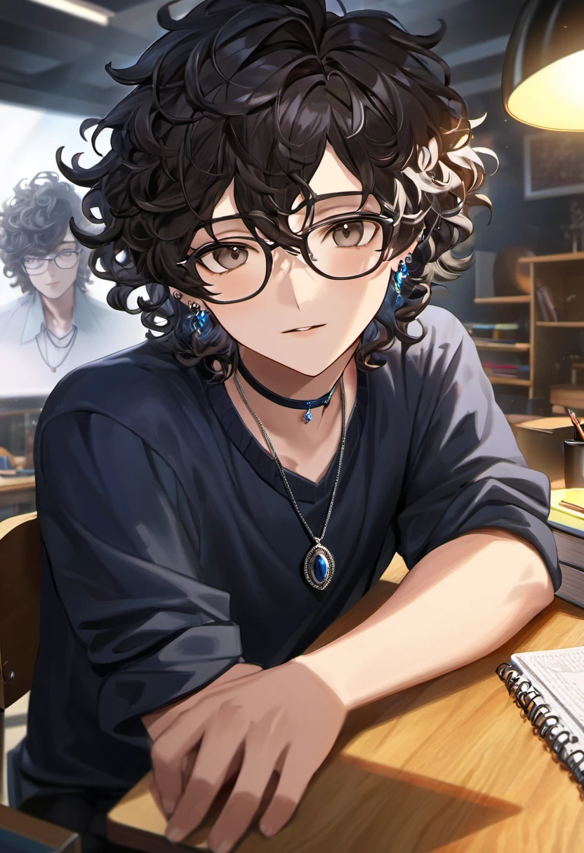 (best quality,4k,highres,masterpiece:1.2),
a boy with curly black hair,
dark brown eyes,
wearing glasses,
with piercings,
in loose ,
wearing necklaces and rings,
sitting at a desk in school,
artistic rendering,
ultra-detailed,
photorealistic:1.37,
portrait style,
vivid colors,
studio lighting