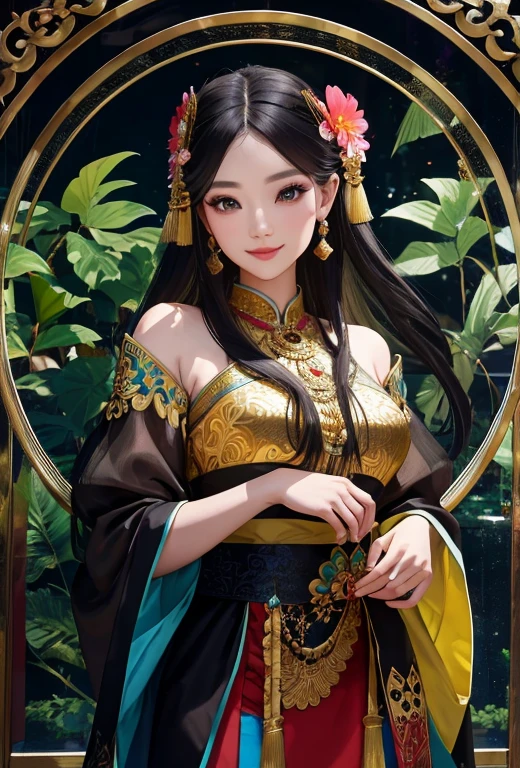(best quality,4k,8k,highres,masterpiece:1.2),ultra-detailed,realistic,beautiful lady in Thai tradition costume,ornately designed dress and accessories,lustrous silk fabric,elaborate gold embroidery,flowing skirt and long sleeves,brightly colored patterns and motifs,traditional headdress adorned with flowers and jewels,graceful and elegant posture,fine facial features and captivating eyes,serene expression and radiant smile,background depicting a serene Thai garden with lush greenery and blooming flowers,tropical atmosphere with warm sunlight filtering through the trees,subtle hints of traditional Thai architecture and elements,capturing the rich cultural heritage of Thailand,portraits, vivid colors,soft and warm color tones,gently diffused lighting,immersing the viewer in the beauty of Thai tradition and culture.