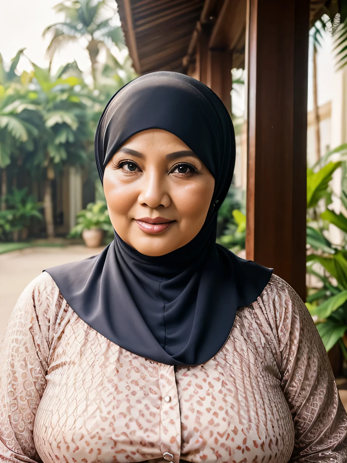 (Realistic) ((Sexy Hijab)) (real mature face) (old beauty) 62 Years old fat Brunei mature woman, sexy curvy, (sexy chubby body shape), Big : 34.9, (old woman in Jakarta) soft smile, facing at camera, half body - professional photography with excellent lighting. Outdoor. Dynamic background.