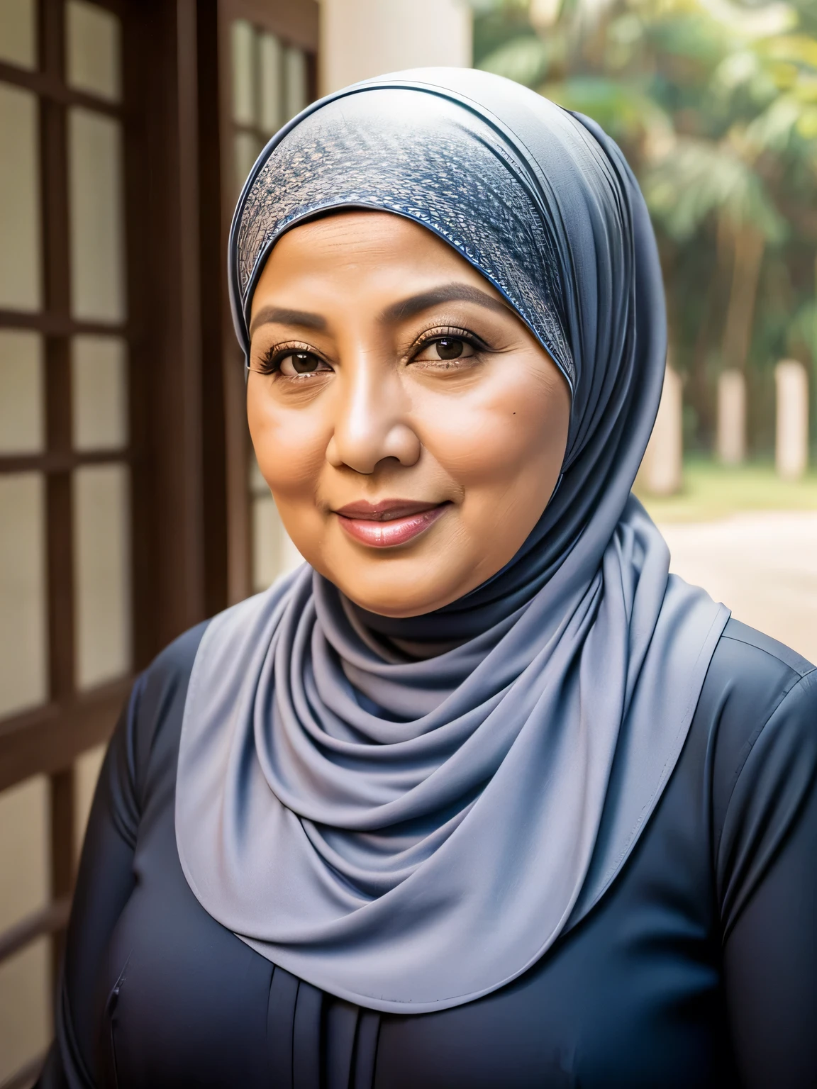 (Realistic) ((Sexy Hijab)) (real mature face) (old beauty) 62 Years old fat Brunei mature woman, sexy curvy, (sexy chubby body shape), Big : 34.9, (old woman in Jakarta) soft smile, facing at camera, half body - professional photography with excellent lighting. Outdoor. Dynamic background. 
