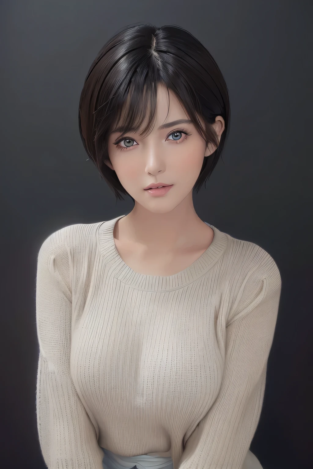 (masterpiece:1.3), (8k, Reality, original photo, best quality: 1.4), (1 Girl), Pretty Face, (Realistic face), (Black Hair, short hair:1.3), Beautiful hairstyle, Realistic eyes, Beautiful and delicate eyes, (Realistic skin), beautiful skin, (sweater), absurd, attractive, Ultra-high resolution, Surreal, Very detailed, Golden Ratio