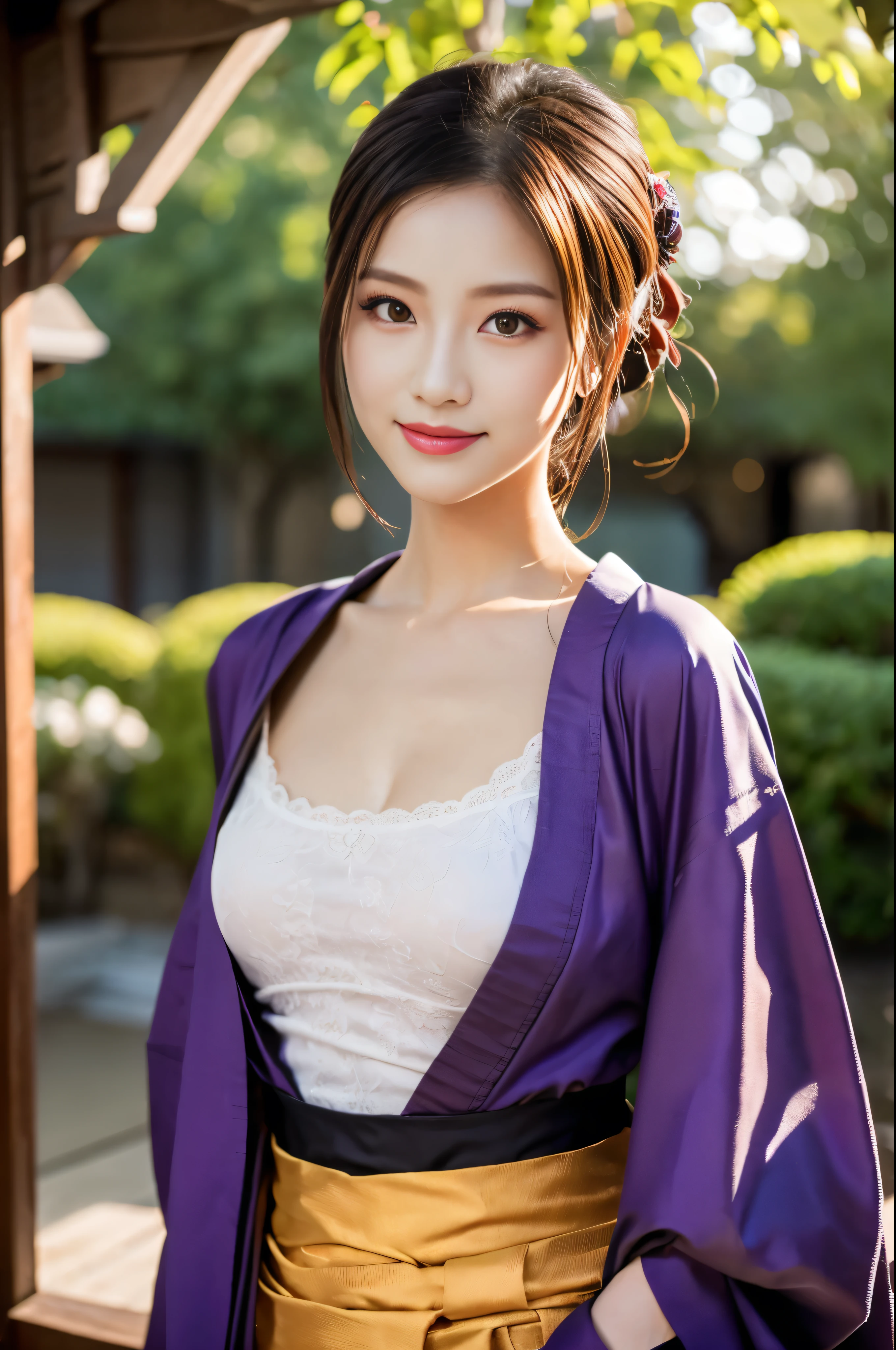 masterpiece, 超High resolution, (photoRealistic:1.4), 8k, RAW Photos, 最high quality, Detailed Shadows, wonderful, In detail, Official Art, Absurd, Sharp focus, Upper Body Shot, (Very detailed), 美しい女王のVery detailed肖像画, 
break, 
One girl、Japanese German、Indian Beauty、Thick mascara、Big eyes、Droopy eyes, Dark eyeliner、Dark Red Rouge、red-lips、Chic body、Small waist、Straight bone structure、Great style、, Sitting, Fetal_Location, [upright], curvy, (One girl), ((lips)), (nose), ((Long face)), Mature Woman, Flower tree, Fascinating, elegant, stylish, humid, sexy, Grin, View your viewers, Beautiful fingertips、Bust 85cm、 Firm breasts、Small breasts、logic、((Hourglass illustration)), Intricate detailses、high quality、(upscale:1.4)、super Realistic 8K、perfectionな顔、perfection、clean、​masterpiece、Professional artwork、Famous works of art、perfectionな顔、Beautiful expression、Beautiful Eyes、Half Up Hair、爽やかなsexyさと抜群のプロポーションを持つ美女、 Black-haired、Shiny clothes、
break, 
(Wearing a courtesan costume:1.3), (Dark purple kimono:1.3),  (kimono:1.3),  Laurel wreath, (Kiton:0.7), Flowers, 
break, 
texture, Patterned, Cinematic, Trending on Artstation, Dynamic posture, Wide Shot, Dramatic lighting:1.1, (Gradation), nature, (perfectionな顔), overview, Sharp focus, Warmth, Particles of light, (Depth of written boundary), (Intricate detailss:1.2), (Very detailed背景), East Asian architecture, Dynamic Lighting, In the Dark, Deep Shadow, Modest, Intricate details, Detailed skin, pore, High resolution, High resolution, 4K, Realistic,