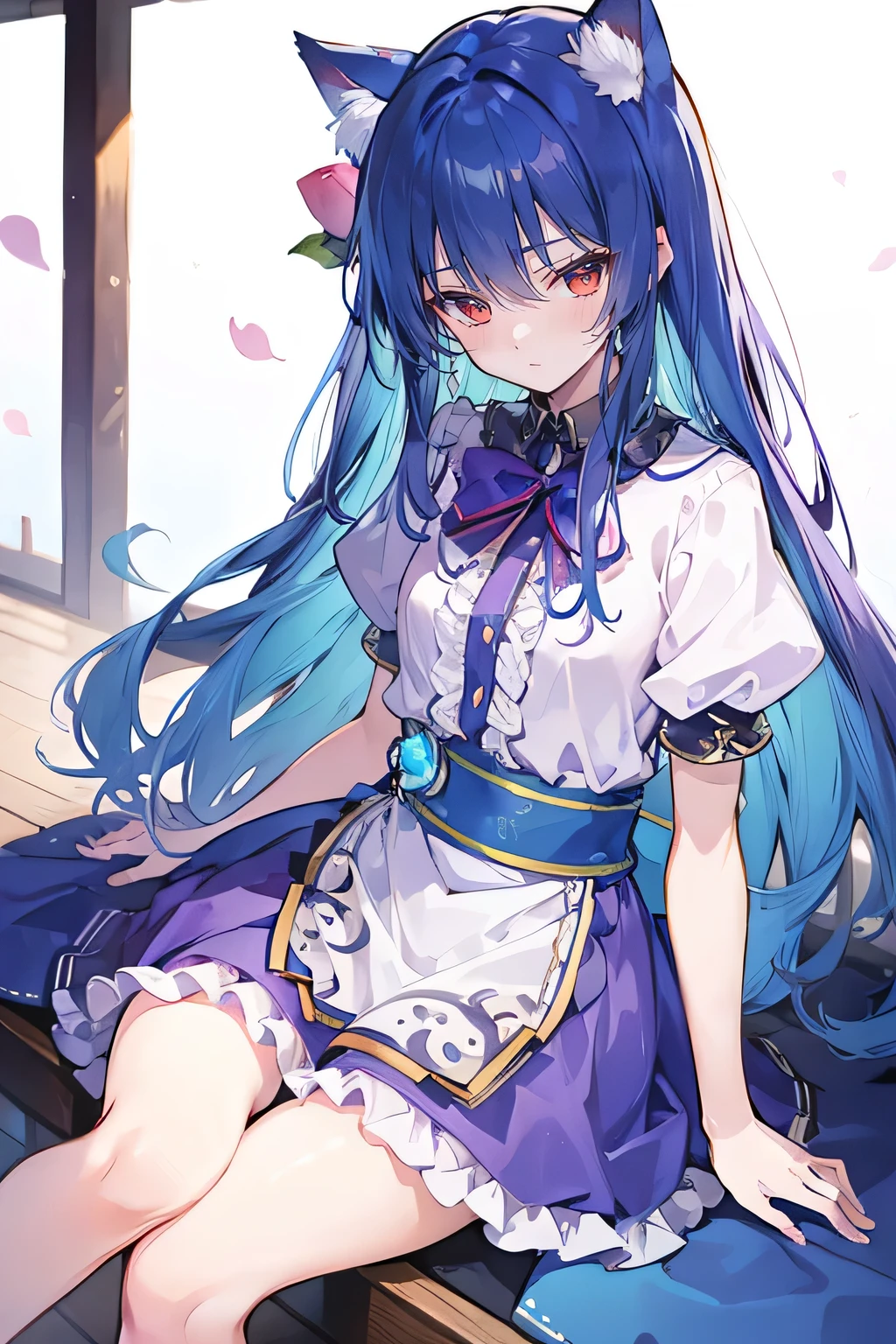 (masterpiece:1.2),ultra-detailed,realistic,expressive eyes,fair-skinned,perfectly shaped face,1girl,
Japanese cartoons,Gorgeous blue hair, flowing blue hair,floating clothes,cat ears,petals falling,beautiful Lola,Hina Angel,
hands on waist,gracefully sitting on the ground,legs crossed,gentle and serene background,cool and comfortable pavilion,shy face ,night .