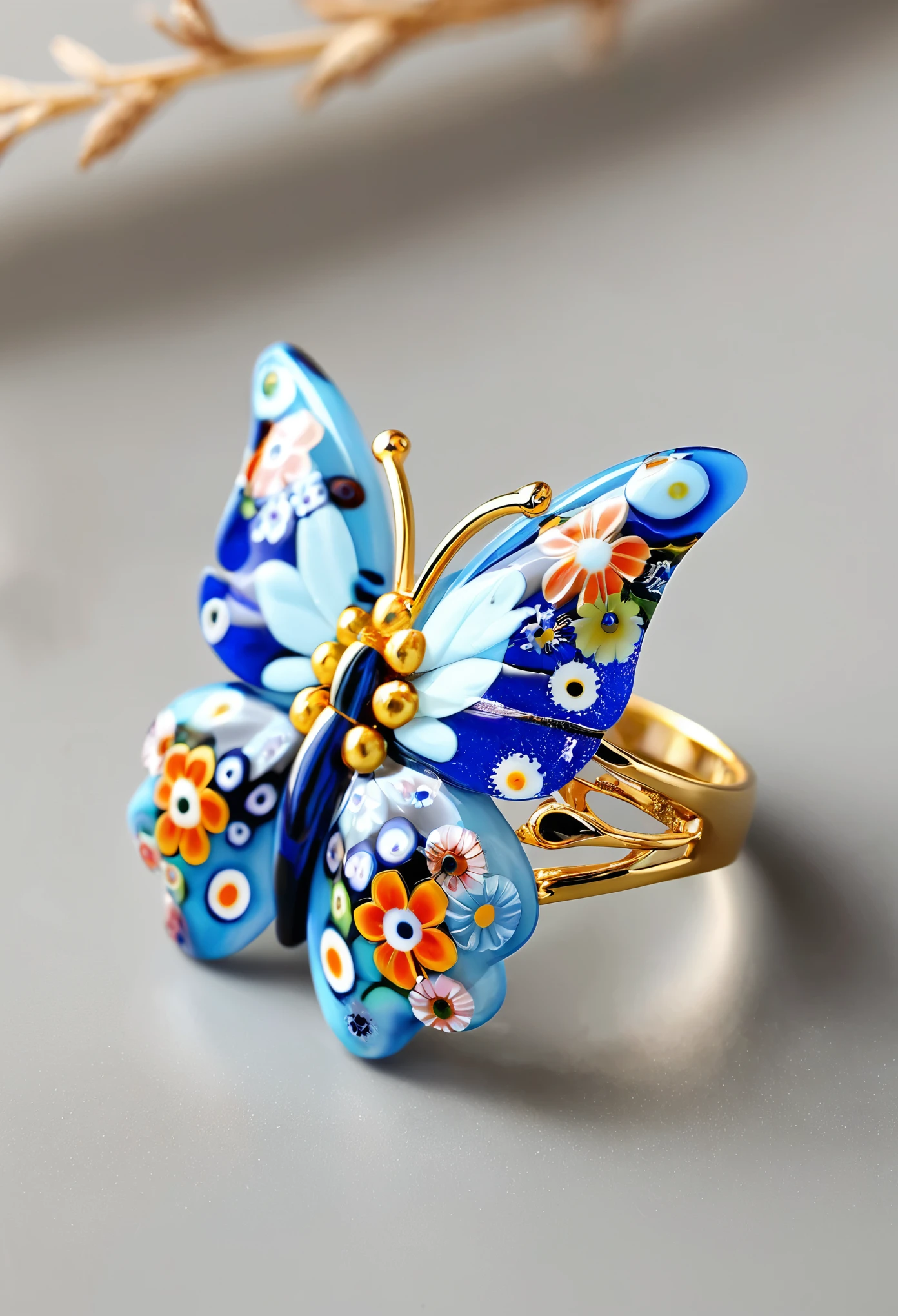 Millefiori glass style,blue jiezhi_Butterfly Ring